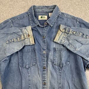 Vintage 80s REI‎ Chambray Denim Shirt Womens XL Long Sleeve Distressed Outdoor